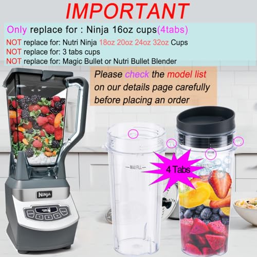 16oz 4-Tab Replacement Blender Cup with Lids, 2-Pack