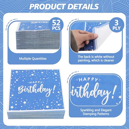 Vuzvuv Confetti HBD Blue 52 Pack Happy Birthday Cocktail Napkins 3-Ply, Silver Foil, 5" Folded, Party Supplies