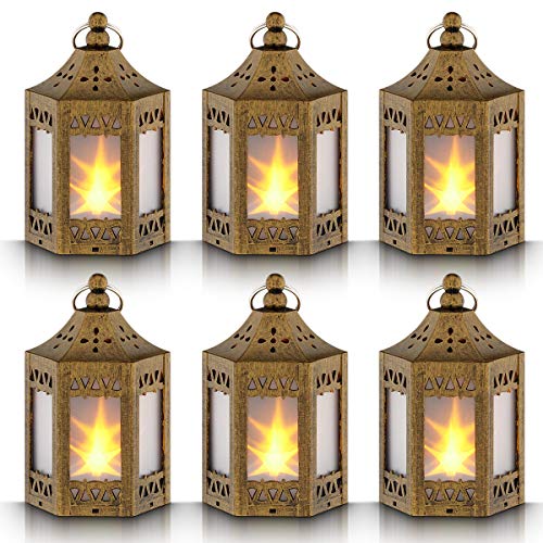 Mini Star Lantern with Flickering LED,Battery Included,Decorative Hanging Light,Christmas Decoration,Indoor Candle Lamp,Battery Lantern Indoor Use,Zkee(Set of 6 Copper Brushed)