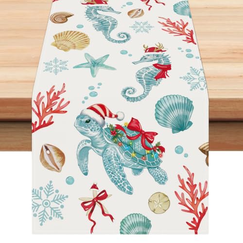 Bonhause 13 x 90 Inch Christmas Coastal Table Runner with Turtles & Seahorses
