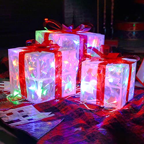 Hourleey Set of 3 Christmas Lighted Gift Boxes - Pre-lit Outdoor Indoor Holiday Decor