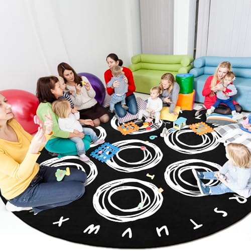 6.5ft Round Classroom Rug, Black and White Educational Alphabet Seating Carpet