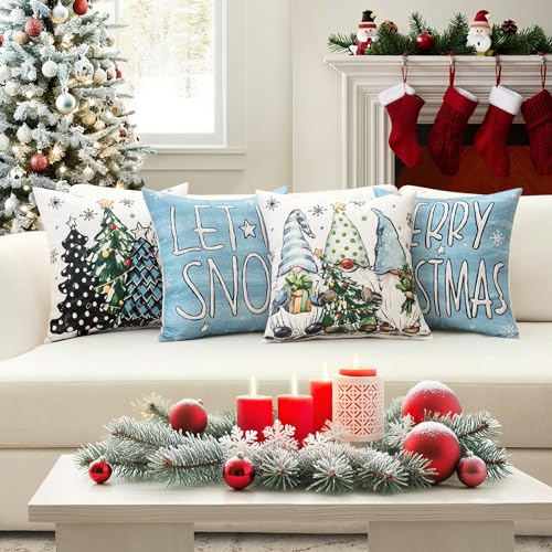 OTOSTAR Merry Christmas Throw Pillow Covers 18x18 in. Light Blue – Set of 4, Xmas Tree Let It Snow Snowflake