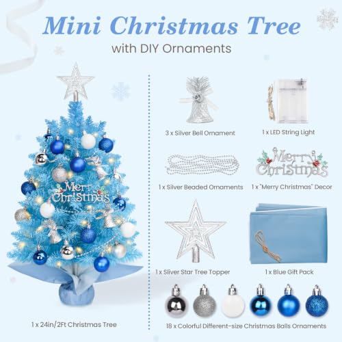 Blue Mini Christmas Tree with Lights - 2 Ft Tabletop Holiday Decor, HOMDAILY
