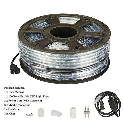 100ft Blue LED Rope Lights, IP65 Waterproof Outdoor Decorative Lighting