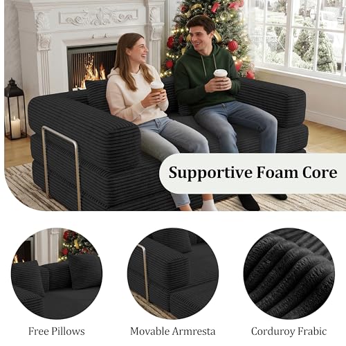 5-in-1 Convertible Corduroy Sleeper Sofa Bed, 59-Inch Floor Loveseat