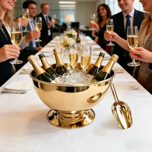 Silver 5.0L Stainless Steel Champagne Bucket with Scoop - Large Capacity Ice Cooler for 8 Bottles