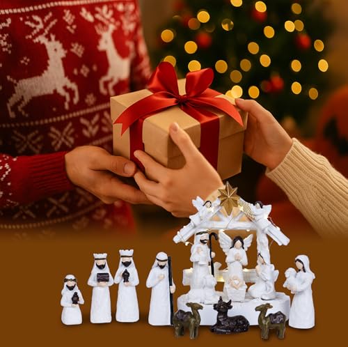 14-Piece LED Lighted Christmas Nativity Scene Set with Manger & Holy Family