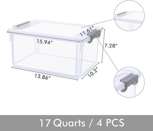 Citylife 17 QT Plastic Storage Bins - Stackable Latching Containers for Organizing | 4 Pack, Clear
