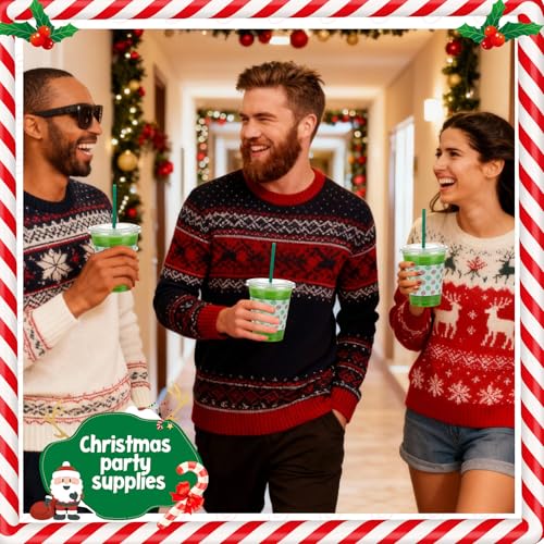 Christmas Plastic Cups with Lids and Straws 12oz Set - Lime Green & Red, Classic