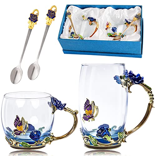DUMVOIN Blue Enamel Flower Glass Coffee Mug Set with Spoons - Tea & Gift Set for Women & Tea Lovers