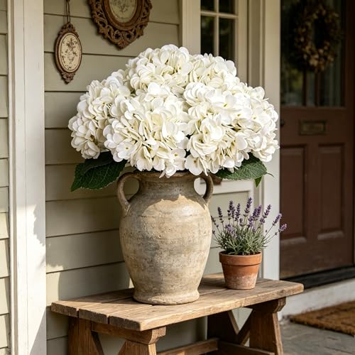 White Silk Artificial Hydrangea Flowers with Stems - Set of 6, 17.7"