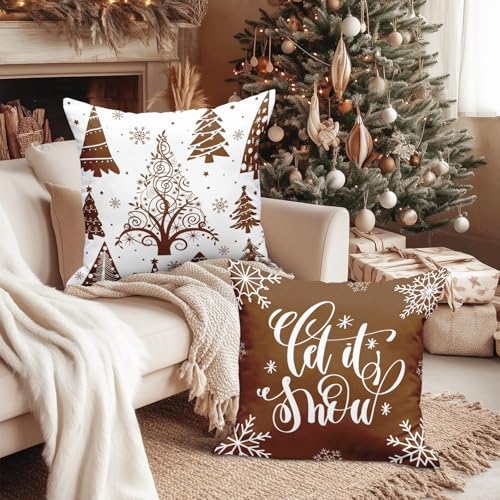 Lanpn 18x18 Christmas Throw Pillow Covers Set of 4, Brown Merry Xmas Snowflake Holiday Cushion Cases