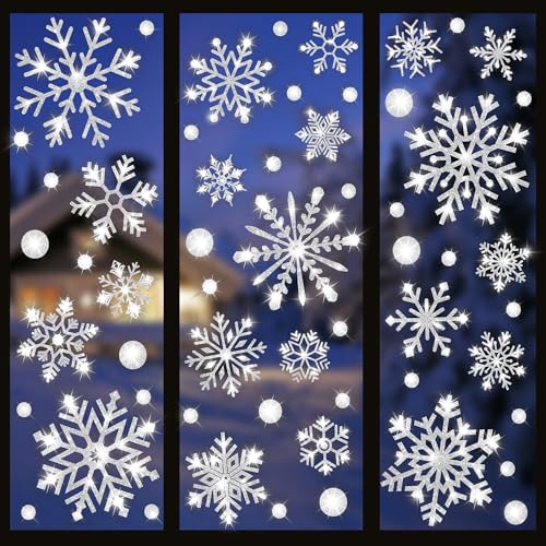Augisteen 8 Sheets Extra Large Glitter Snowflake Window Clings - Reusable Double-Sided Xmas Window Decor