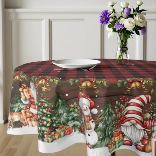 Granbey Christmas Santa Snowman Buffalo Plaid Round Tablecloth 60"