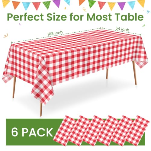 LIKAJON 6 Pack Red Gingham Plastic Tablecloth 54 x 108 Inches - Disposable, Waterproof