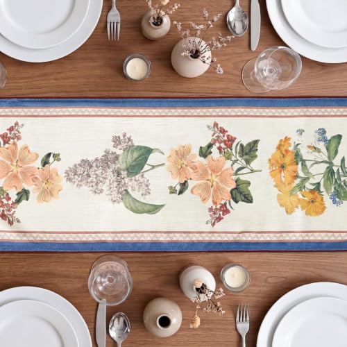 Artoid Mode Beige Blue Floral Farmhouse Linen Table Runner 13x72 Inch - Durable & Elegant Home Decor