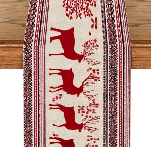 Christmas Table Runner 13x72 Inches with Snowflakes & Trees - Farmhouse Holiday Decor