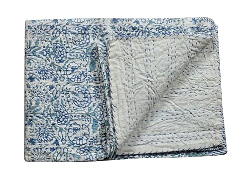 Queen Size Kantha Quilt - Pure Cotton Floral Throw Blanket 90x108