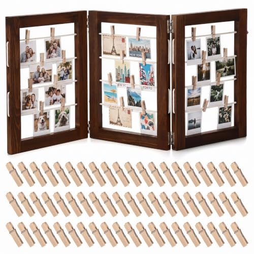 Rustic 3-Panel Wooden Photo Display Board with 60 Clips, 14 x 30 Inch