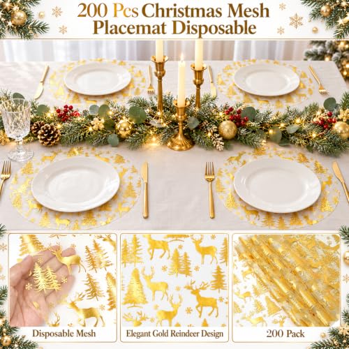APUDWN 200 Pcs Christmas Mesh Placemat 13" Round Gold Reindeer (Variation: Christmas gold / 200)