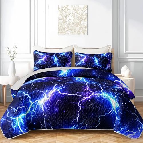 Blue Lightning Quilt Set Twin Size - 3-Piece Lightweight Bedding for Kids
