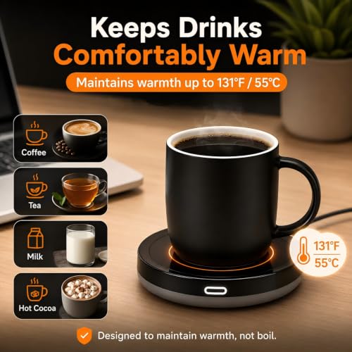 BESTINNKITS Black Auto Gravity Mug Warmer for Office Desk - Keeps Drinks at 131°F
