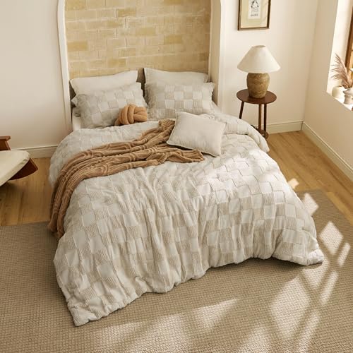 Queen Comforter Set Beige Boho Farmhouse Checkered Bedding, 3 Pieces
