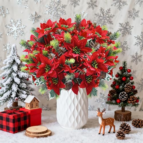 Artificial Poinsettia Flowers 24pcs 12 Inch Christmas Faux Flower Bouquet Red & Green