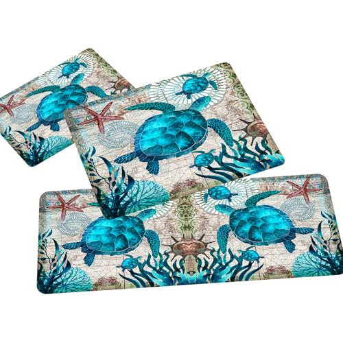 3-Piece Sea Turtle Kitchen Rug Set, Anti-Fatigue Cushioned Floor Mats