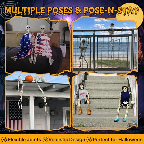 40" Posable Halloween Skeletons 2-Pack - Life-Size Posable Full Body Props for Outdoor Yard and Haunted House Decor
