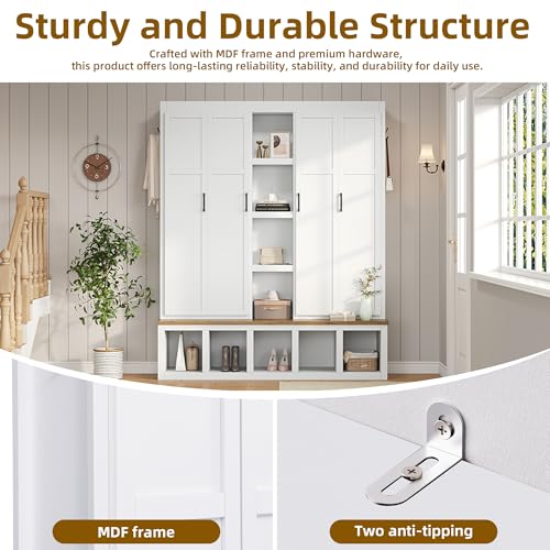 Modern Farmhouse Hall Tree with Shoe Storage Bench and 4-in-1 Entryway Cabinet