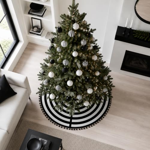 30 Inch Burlap Christmas Tree Skirt - Black & White Stripe with Pom Pom Trim