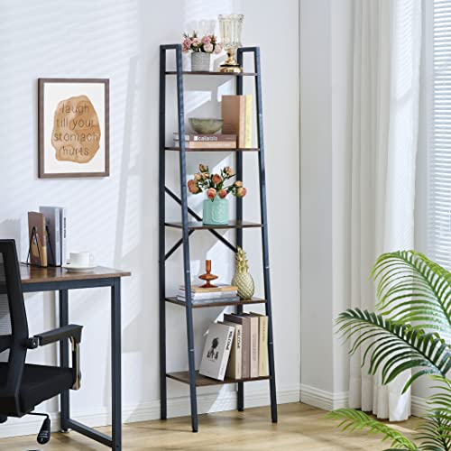 5-Tier Industrial Ladder Bookshelf, Rustic Wood and Metal Storage Shelf