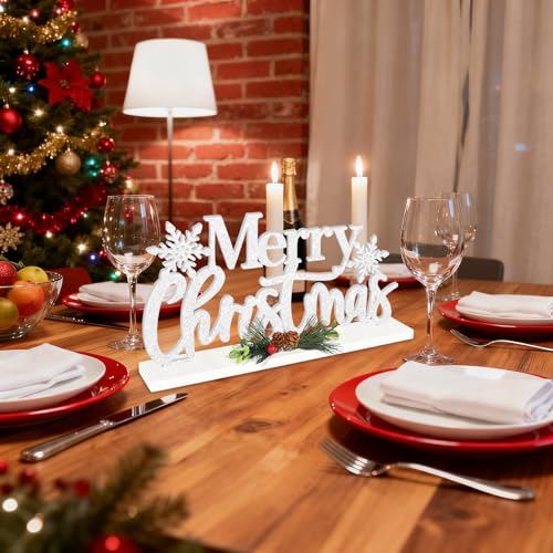 Wooden Merry Christmas Table Sign, White Glitter Snowflake Farmhouse Decor (M) 11.81 x 5.91 in