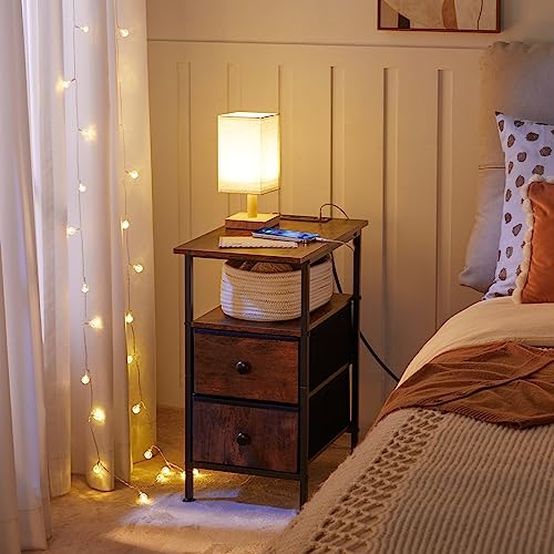 Industrial Narrow End Table with Charging Station and 2 Drawers