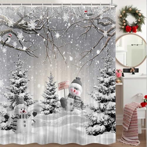 Grey Winter Christmas Shower Curtain 72x72in - Snowman Forest Scene, Waterproof