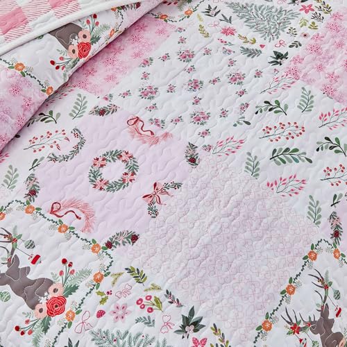Joyreap 3-Piece Christmas Quilt Set Queen Pink Patchwork 88x88 All-Season Microfiber