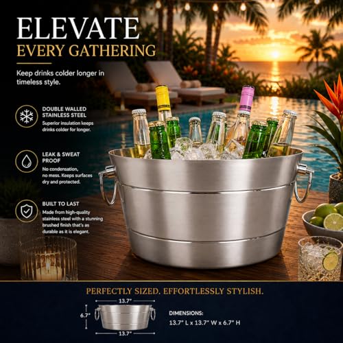 Insulated Stainless Steel Beverage Tub, 12Qt Double-Wall Ice Bucket