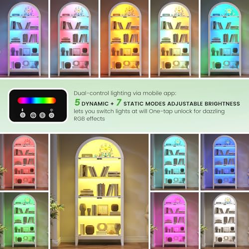 Arched Glass Display Cabinet with RGB LED Motion Sensor Lights, White