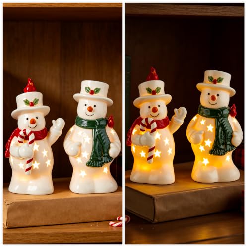 WDS WONDROUS Christmas Snowman Figurines Set with LED Lights, Red & Green Scarves, Ceramic, 6.3" - Holiday Table Decor