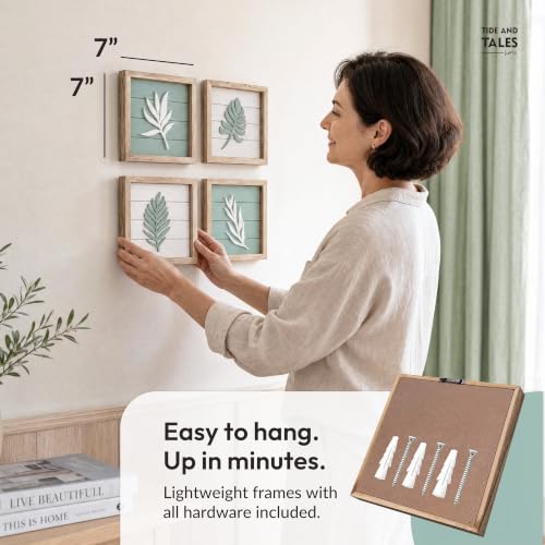 3D Sage Green Botanical Wall Art Set, 7x7 Framed Leaf Decor, 4-Piece
