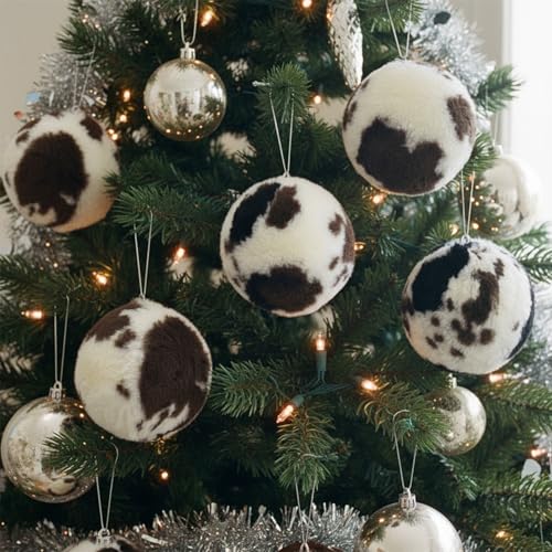 ElegantPark Ball Cowhide Christmas Ornaments Set of 10 - 3 inch Farmhouse Xmas Decor, White