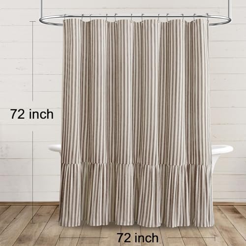 Farmhouse Linen Shower Curtain with Ruffle Hem, 72 x 72 Cream-Brown Stripe