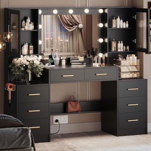 Large Black Vanity Desk with Lighted Mirror, Charging Station and 8 Drawers