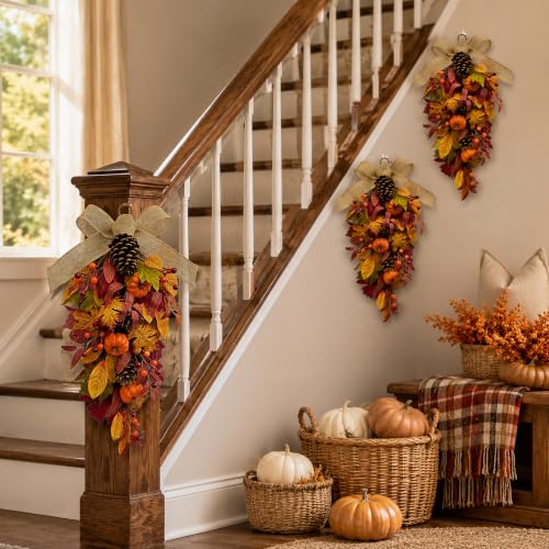 25-Inch Fall Teardrop Swag with Pumpkins, Pinecones and Burlap Bow