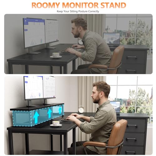 59-Inch L-Shaped Computer Desk with Power Outlets, Storage Drawers & Stands
