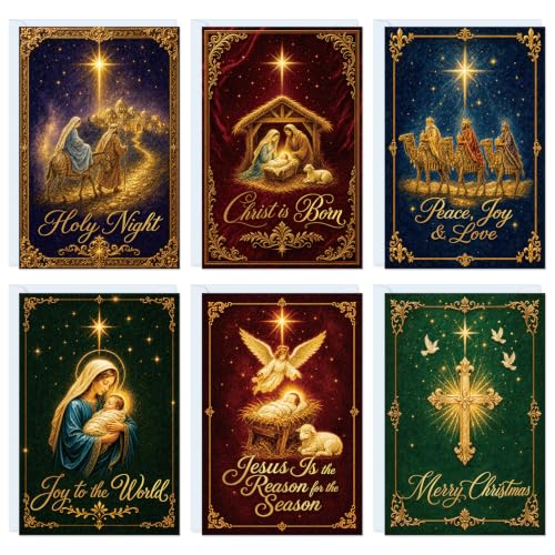 Religious Christmas Cards Set, 24-Pack with Envelopes & Seals – Nativity Scenes
