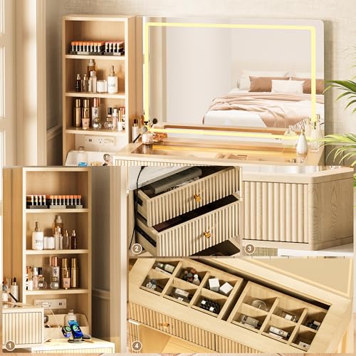 44-Inch Fluted Oak Vanity Desk with LED Lighted Mirror and Charging Station