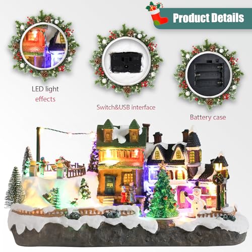 Christmas Village Houses with Skaters Skiers Light Up Musical Rotating Tree USB Decor - Variation of Village & Skaters Skiers